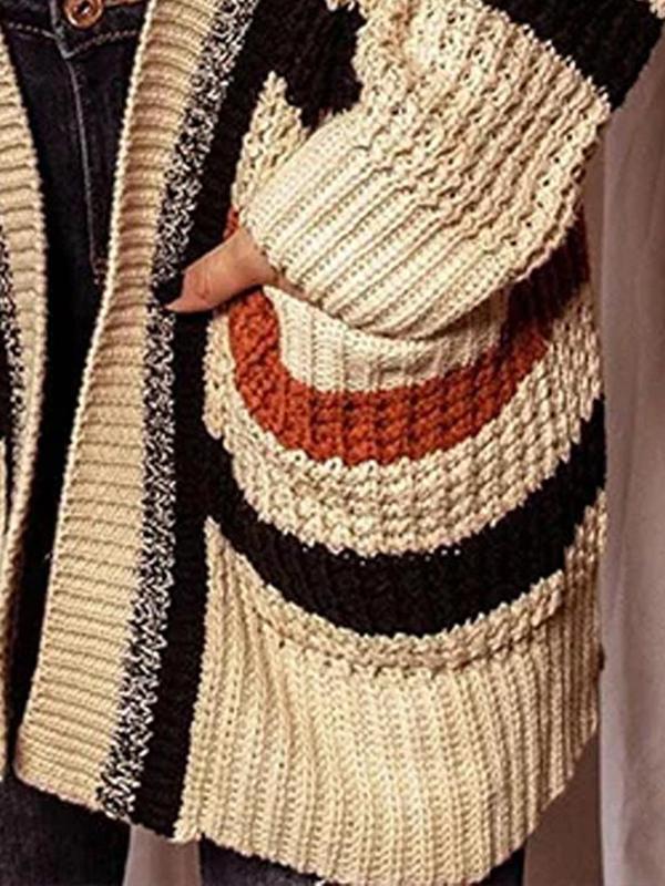 Women's Colorblock Striped Print Drop Shoulder Cardigan, Casual Long Sleeve Open Front Pocket Cardigan Sweater for Fall & Winter, Fashion Ladies' Knit Clothing for Daily Wear